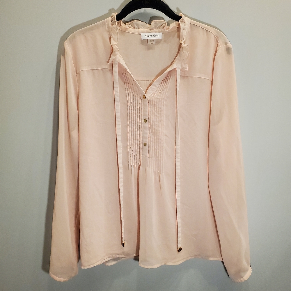 Calvin Klein Blush Pink Ruffle Tie Neck Blouse Size L